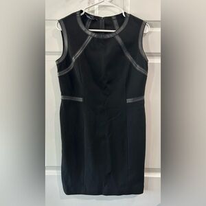 Lafayette 148 Black Short Pencil Dress Leather Trim Gothic Biker Bondage Sz 8 P